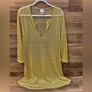 Elif Gold Metallic Threading Sparkle Crochet Sheer Cover Up Tunic Pull On M
